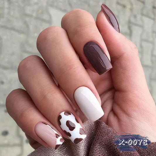 Safari Elegance Medium Square Press On Nails in Earthy Brown and Cream with Cow Print Accent