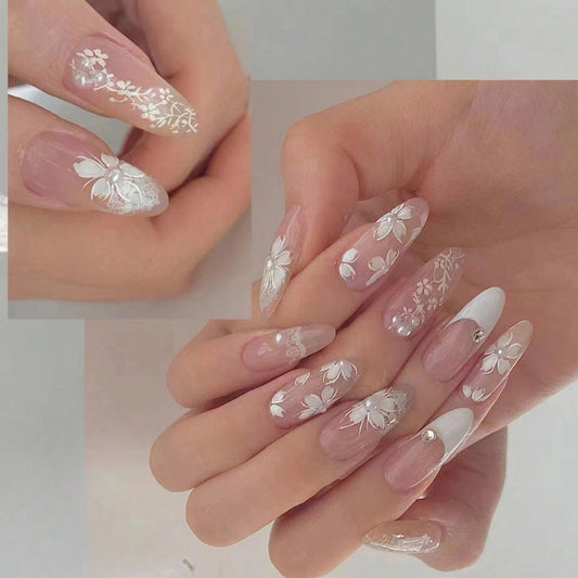 Whimsical Garden Floral Long Almond Clear and White Press On Nail Set with Pearl Accents