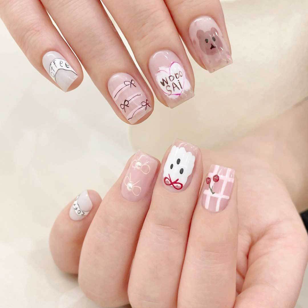 Cute Wonder Medium Square Pink with Whimsical Designs Press Nail Set