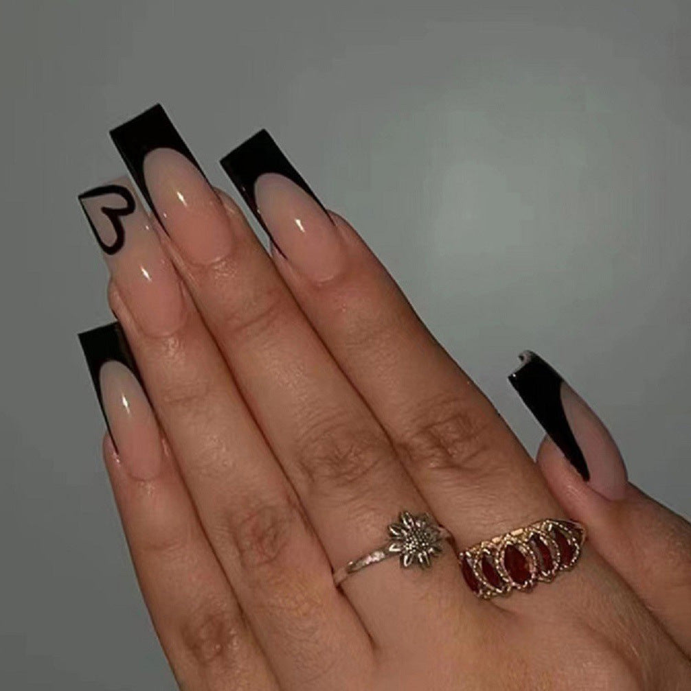 Gothic Romance Extra Long Square Black and Beige Gradient Press On Nail Set with Heart Design