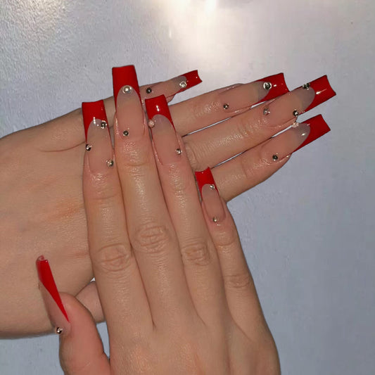 Glamorous Red Press On Nail Set Long Square Shape with Crystal Accents for a Dazzling Look