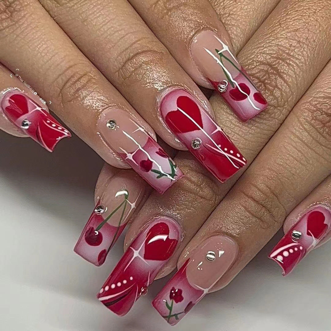 Cherry Blossom Romance Long Square Red Press On Nail Set with Rhinestone Accents and Floral Design