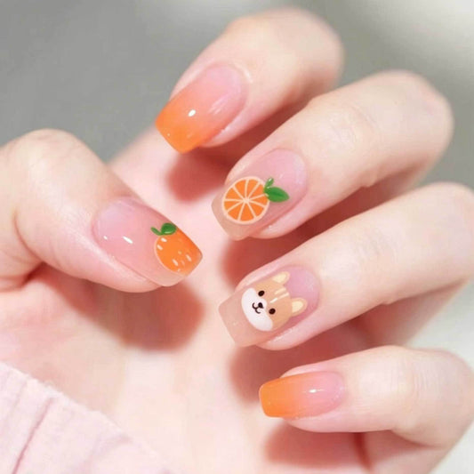 Citrus Delight Medium Square Orange Ombre Cute Character Press On Nail Set