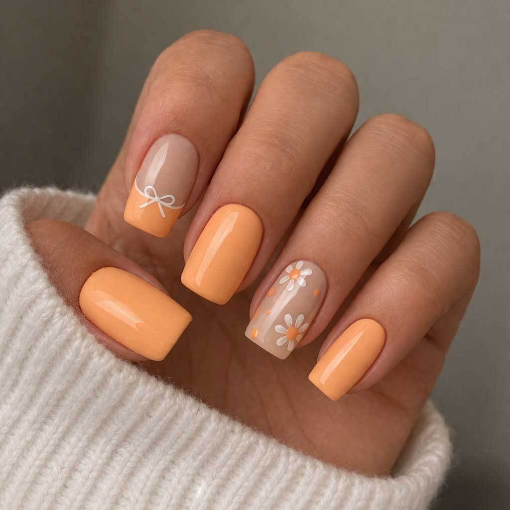 Blossom Charm Medium Square Orange Press On Nail Set with Floral Design