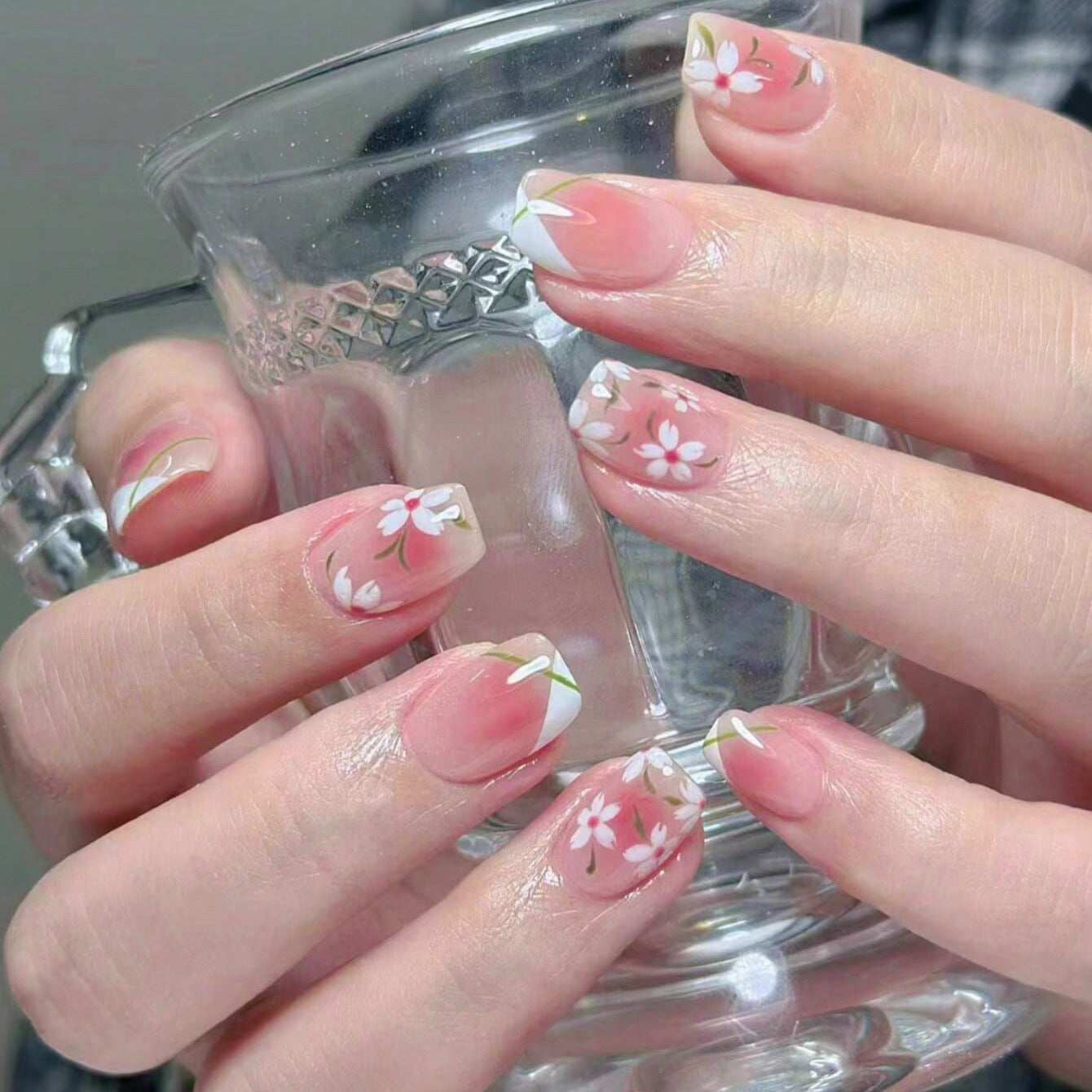 Floral Dream Coffin Short Pink Press On Nail Set with Charming White Flower Designs