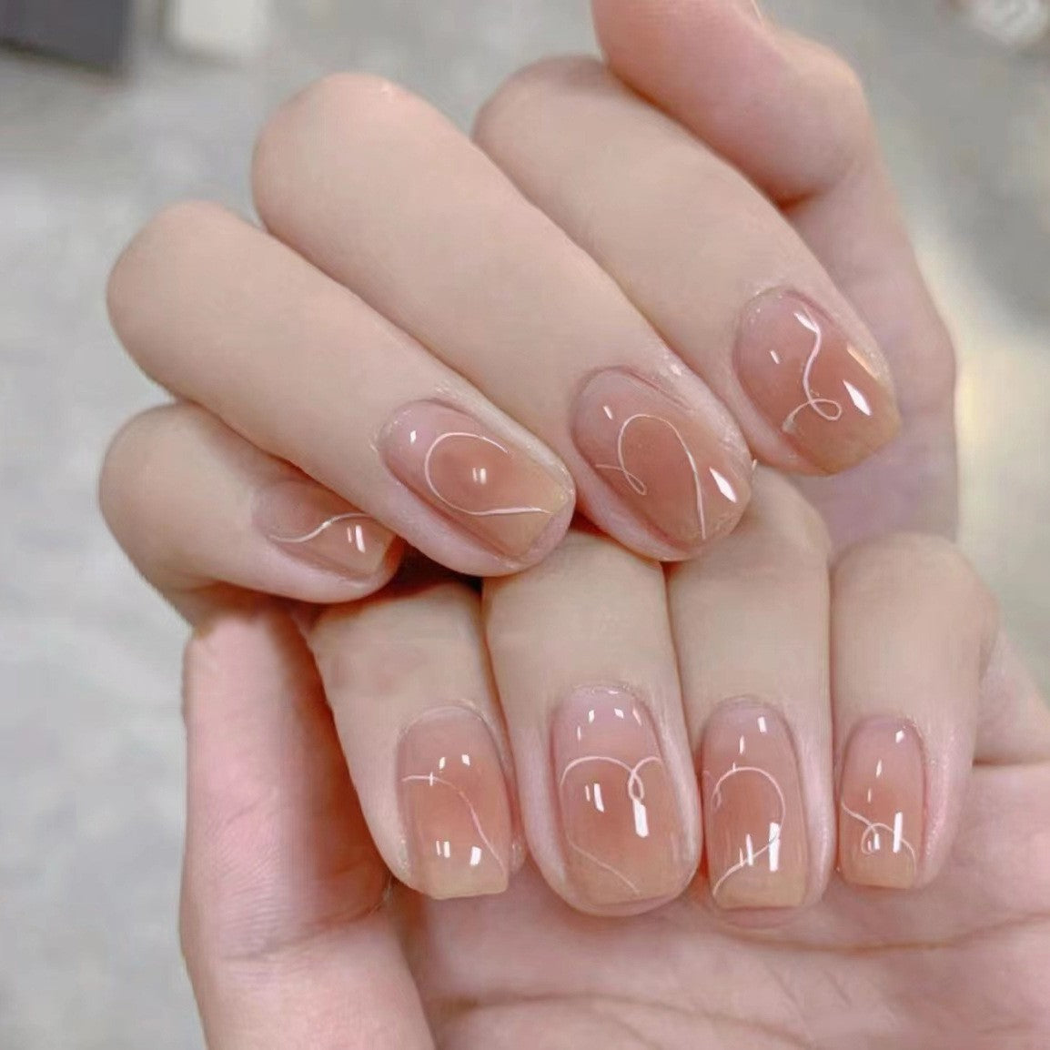 Sophisticated Short Square Beige Abstract Line Art Press On Nails