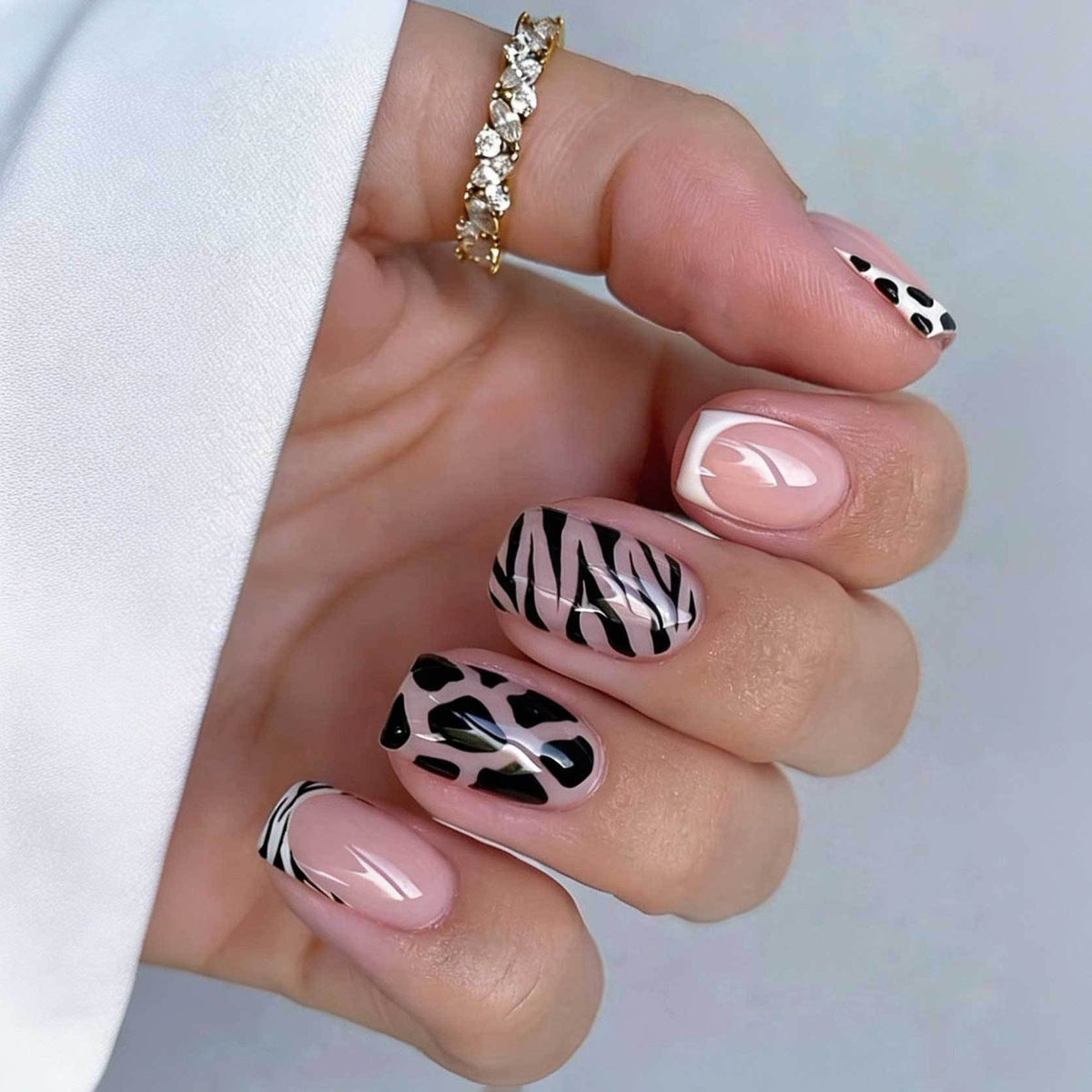 Savanna Chic Short Square Pink with Black Animal Print Nail Set