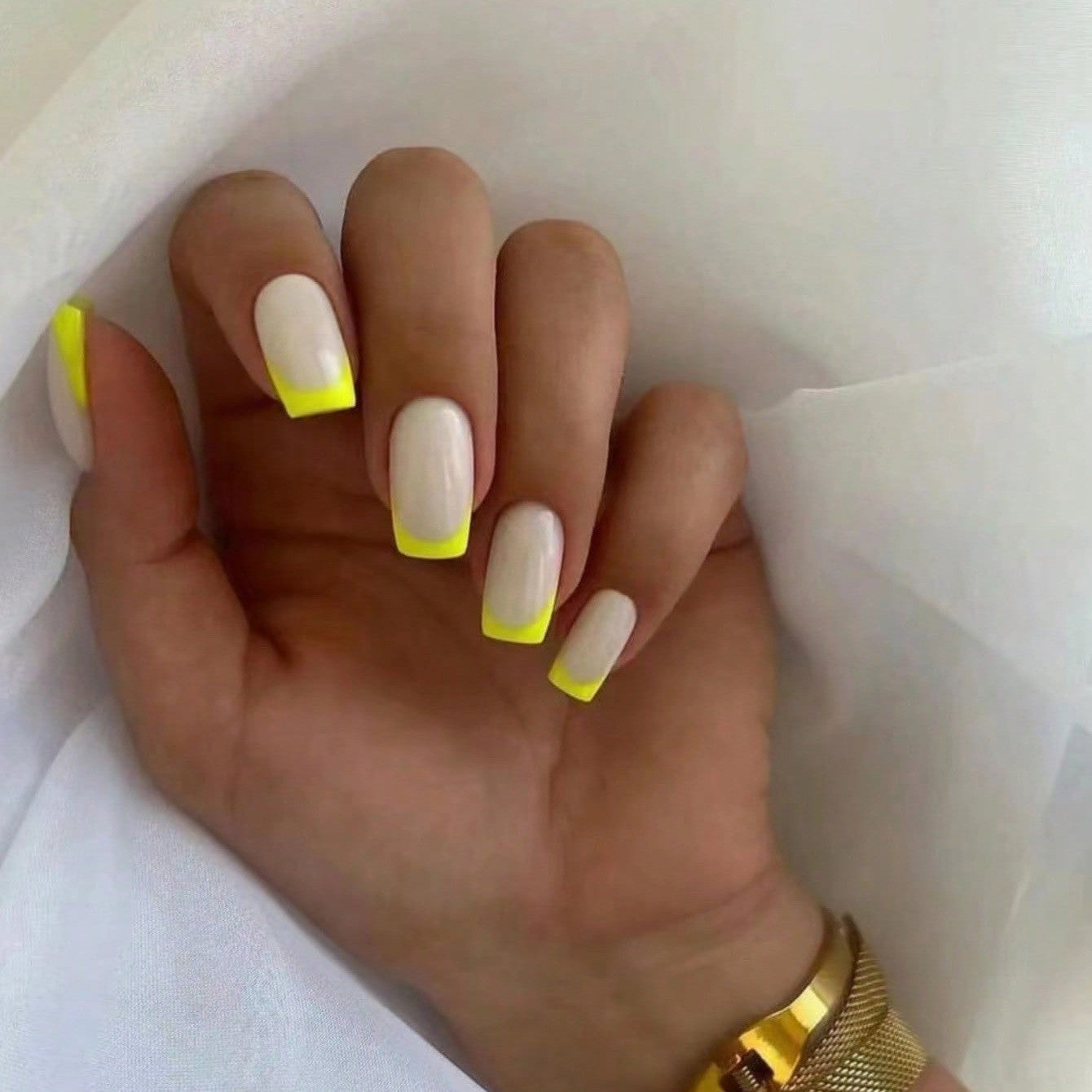 Neon Paradise Long Square Press On Nails in White and Bright Yellow with Trendy French Tips