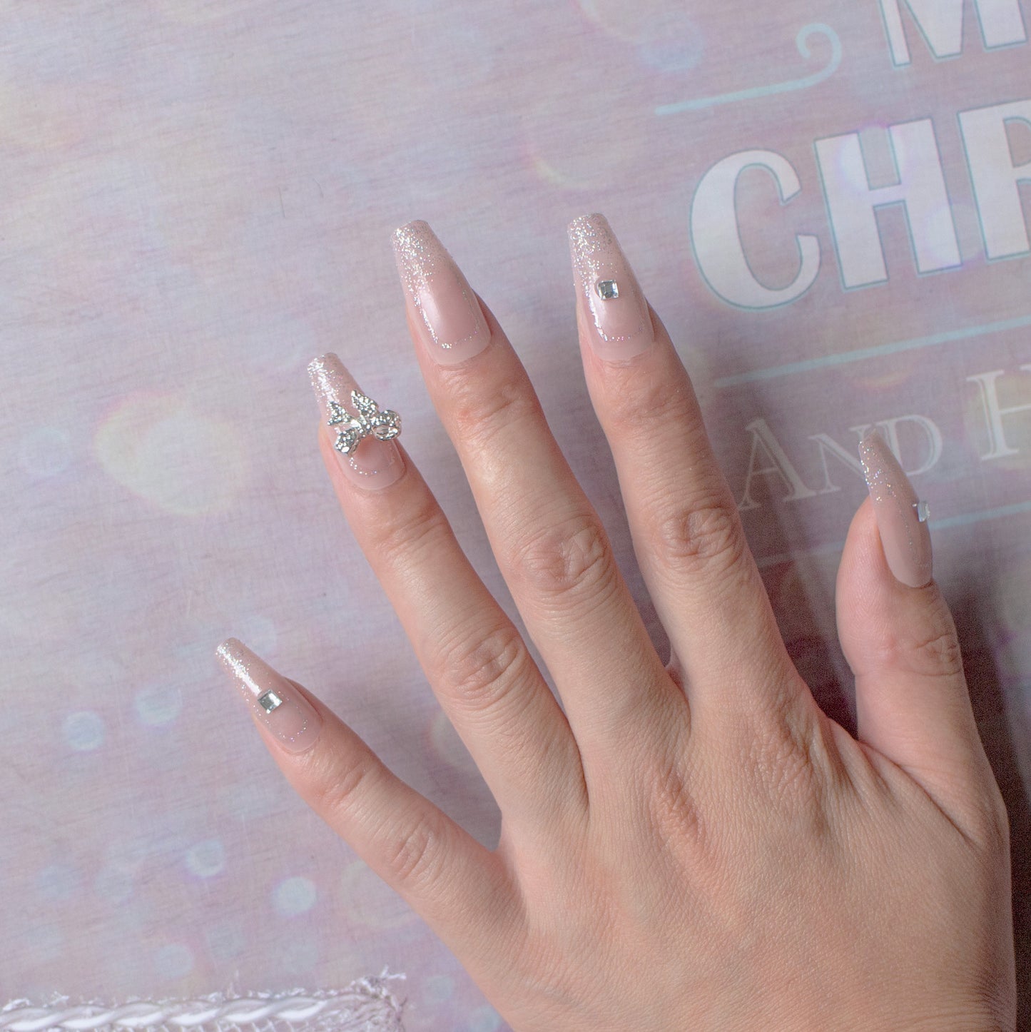 Fairy Dream Sparkle Long Coffin Gradient Pink Press On Nail Set with Diamond Accent and Shimmer Finish