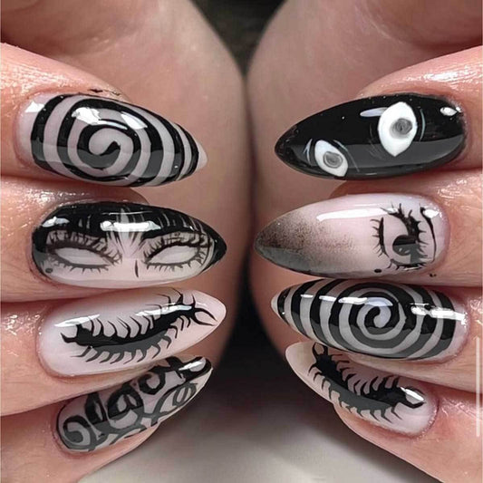 Gothic Chic Medium Stiletto Black and White Spiral Pattern Press On Nail Set