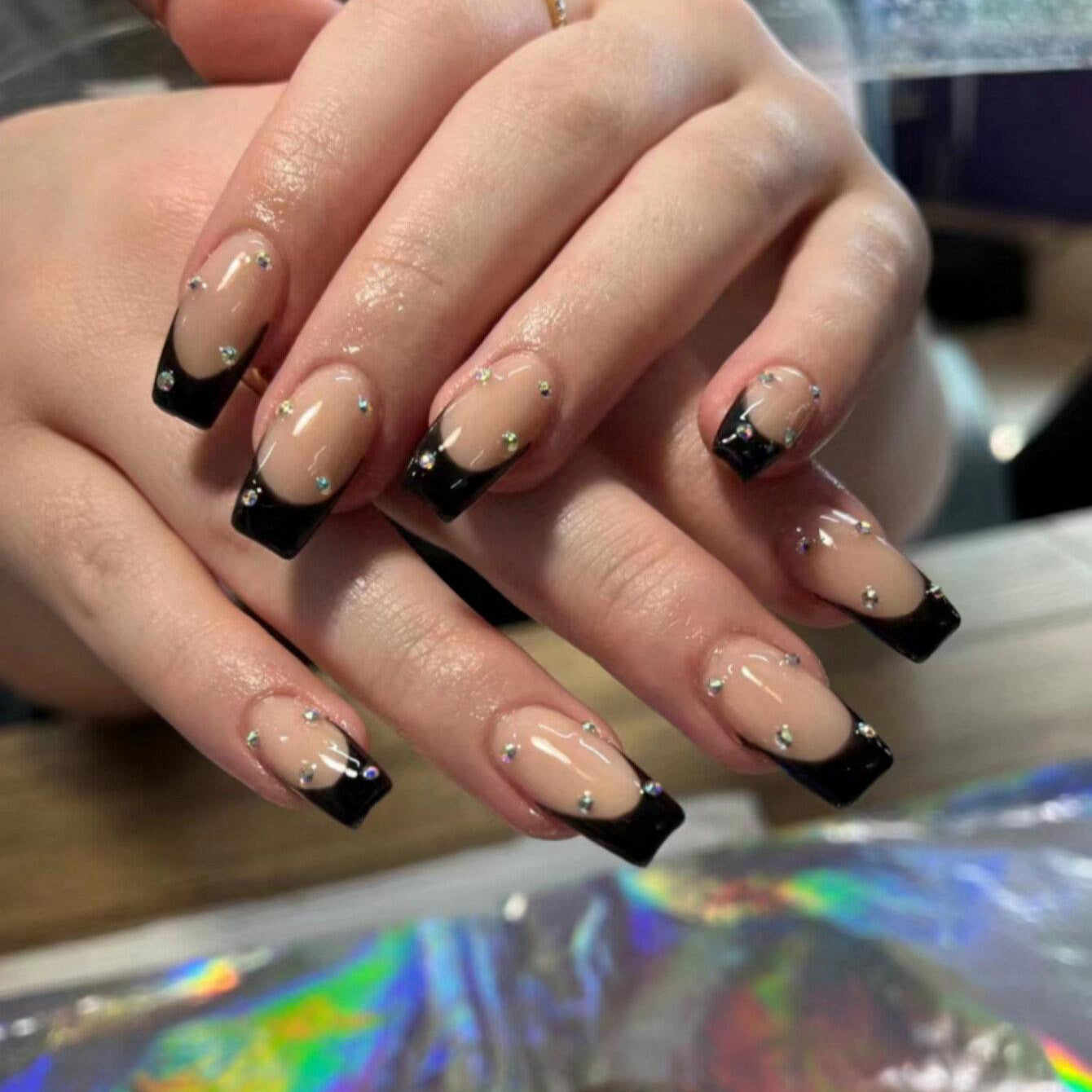 Glamorous Elegance Long Coffin Black and Beige Press On Nail Set with Rhinestone Accents