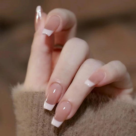 Elegant Bliss Coffin Press On Nails Long Beige with White Tips and Sparkling Finish