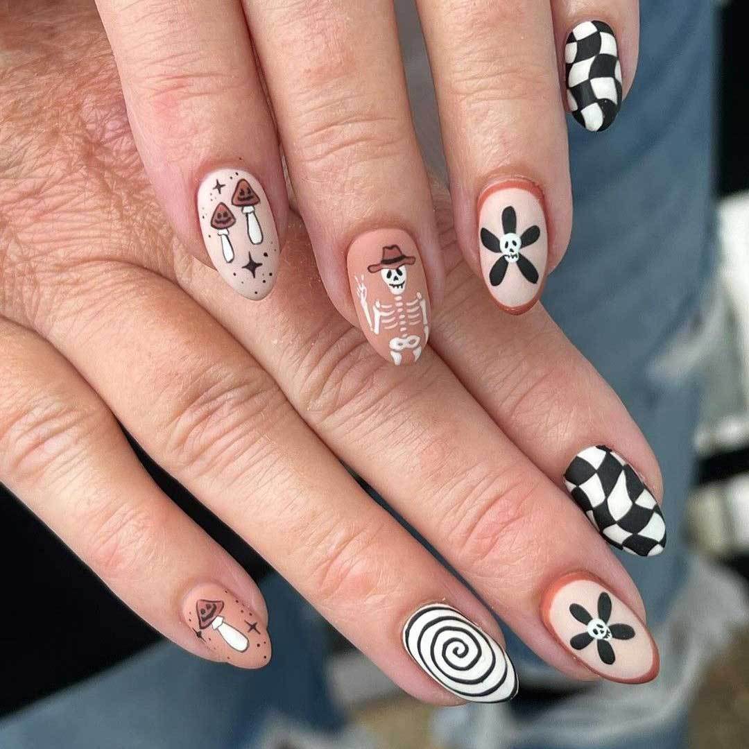 Whimsical Halloween Medium Almond Black and White Art Press On Nail Set