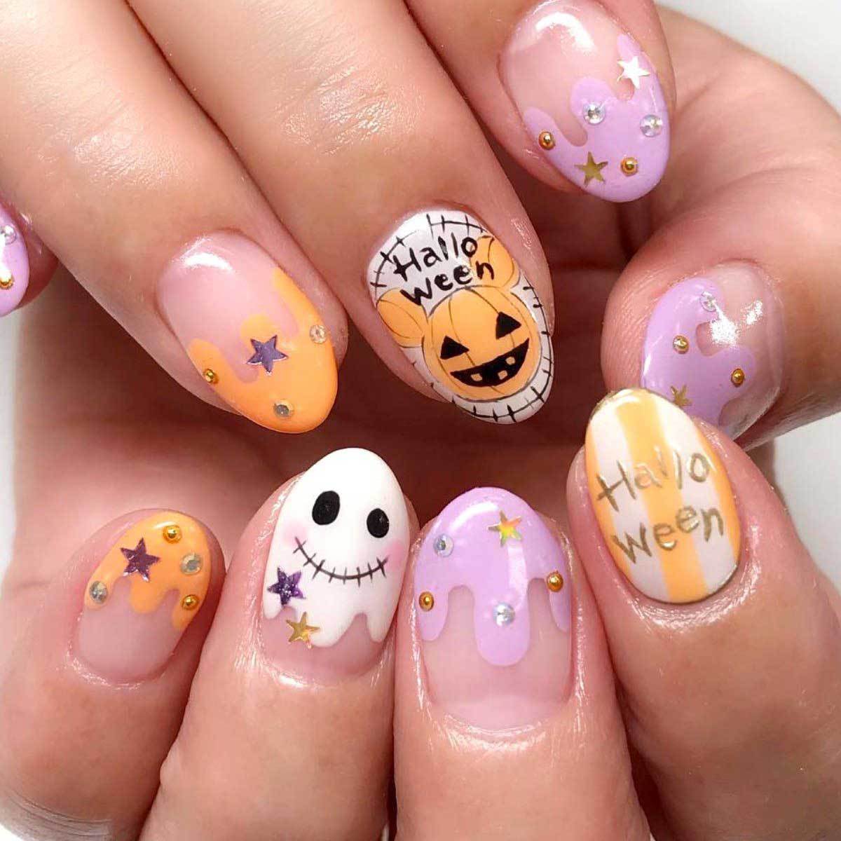 Spooky Medium Oval Purple with Glittering Halloween Accents Press On Nail Set