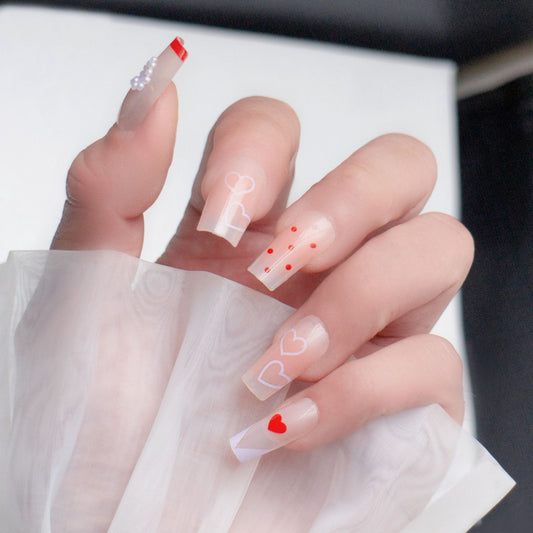 Love Story Long Square Beige Press On Nail Set with Red Accents and Heart Designs