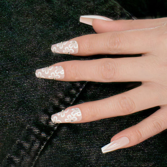 Chic Floral Elegance long coffin white dazzling flower design with gemstone accents press on nail set
