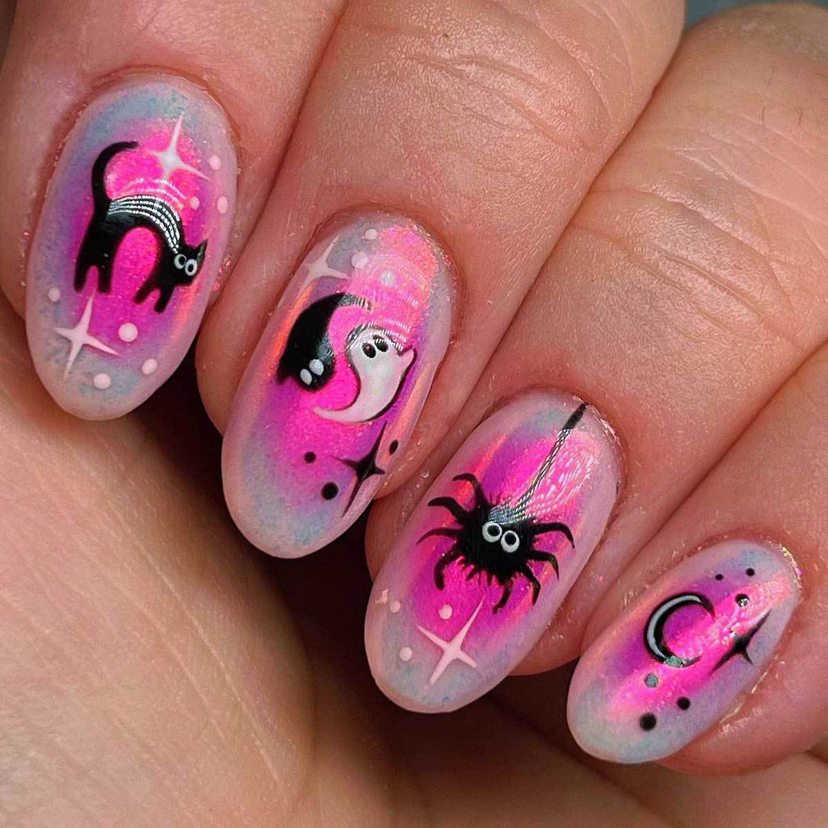 Mystical Midnight Glamour Short Almond Pink Holographic Nail Set with Whimsical Designs
