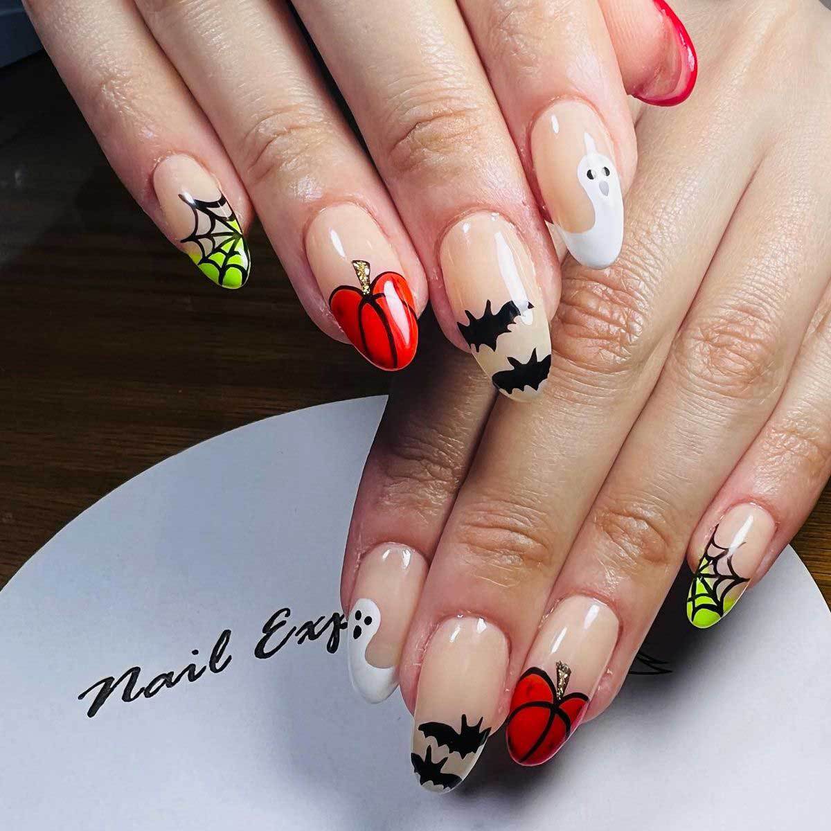 Spooky Halloween Medium Almond Neon Colors with Ghost and Pumpkin Designs Press On Nail Set
