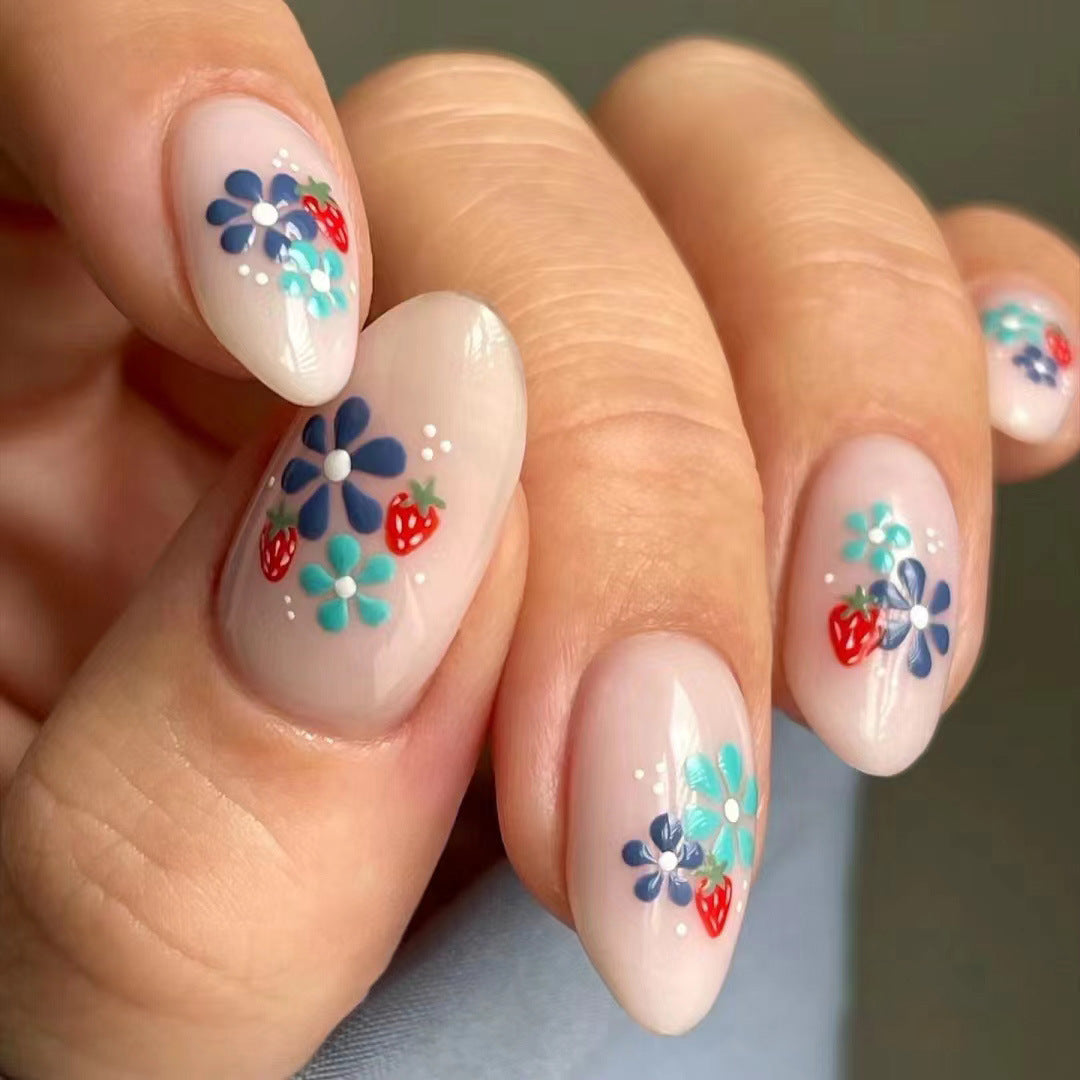 Berry Blossom Almond Press On Nails Long Elegant Floral Design Multicolor Fruits and Flowers Theme