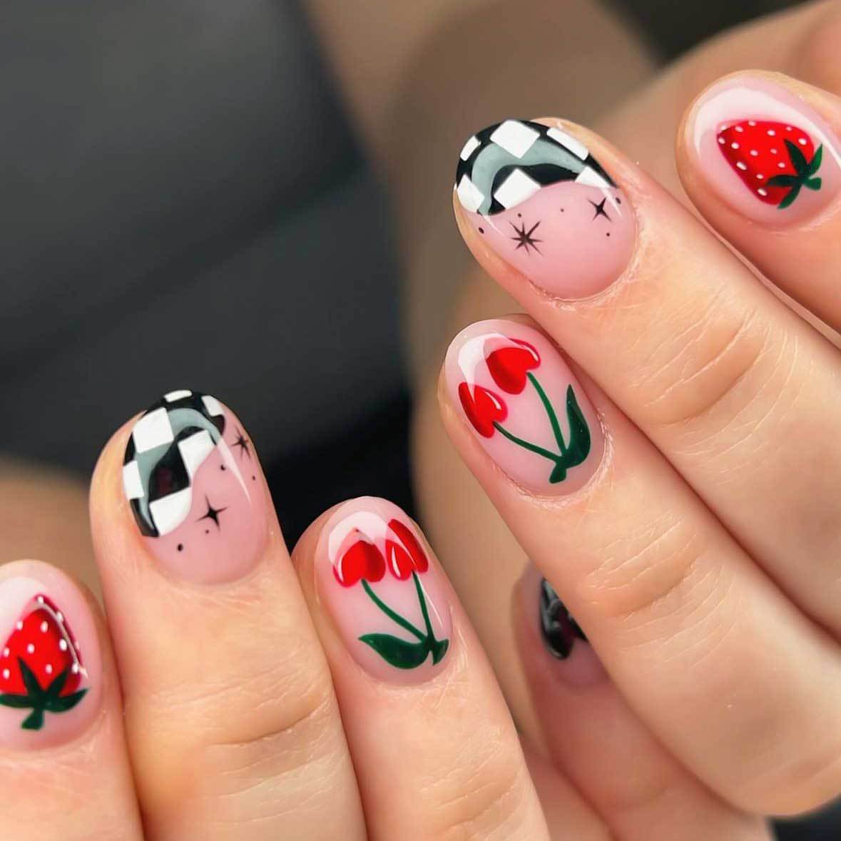 Whimsical Floral Short Round Red and Black Nail Design Set