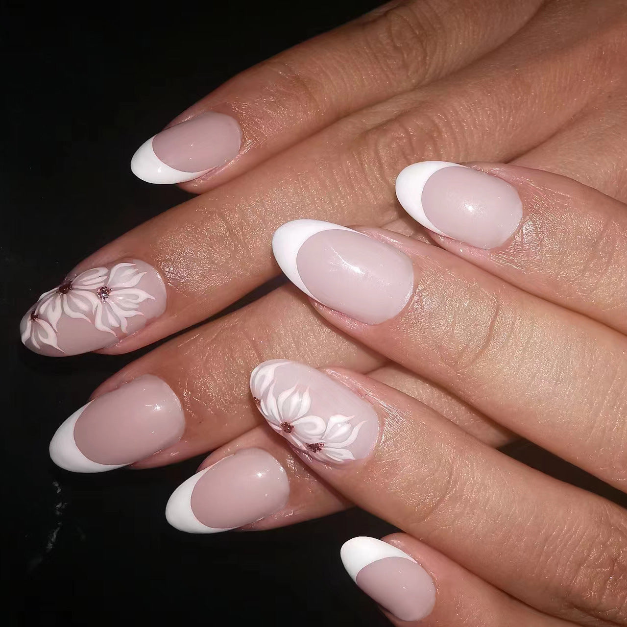 Elegant Garden long almond pink and white press on nail set with floral accents
