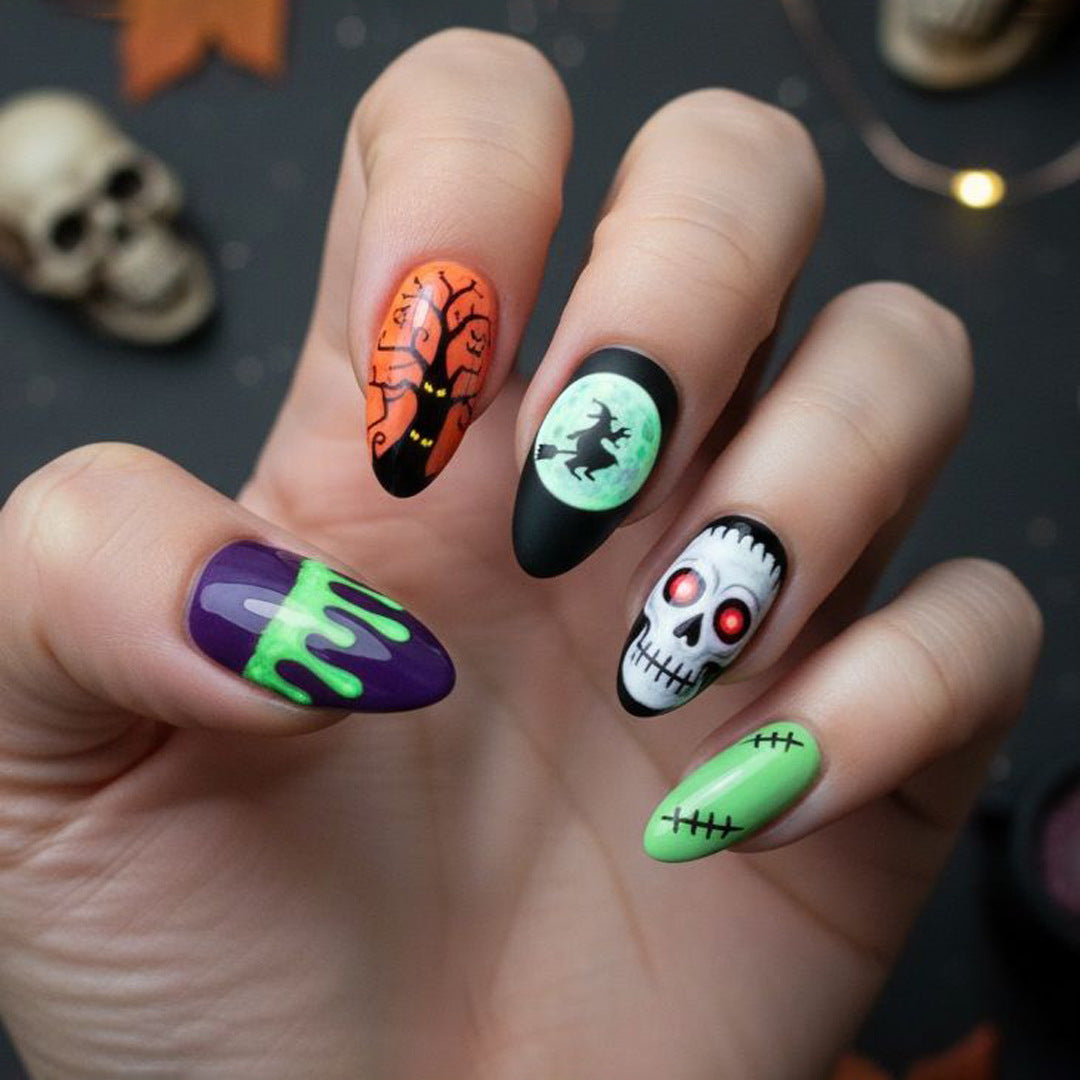 Spooky Medium Almond Purple with Neon Drip Press on Nail Set