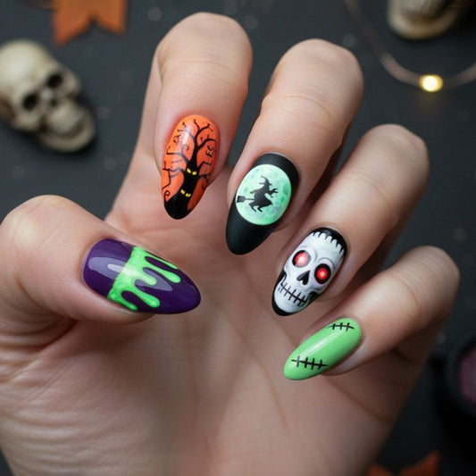 Spooky Medium Almond Purple with Neon Drip Press on Nail Set