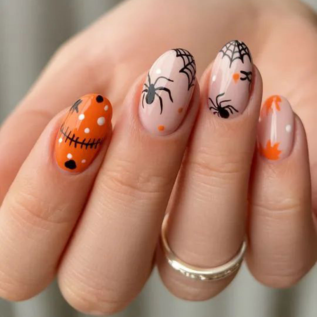 Spooky Vibes Medium Oval Orange Halloween Nail Set with Fun Spider Design