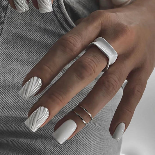 Chic Winter Wonderland Long Square White Glossy Press On Nail Set with Textured Accent Design