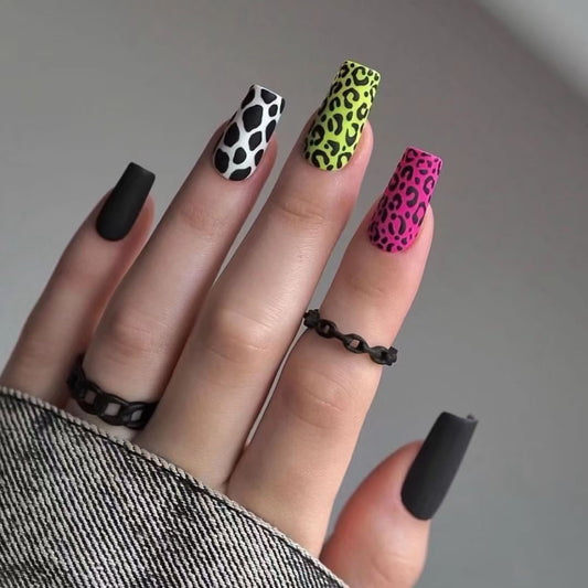 Wild Safari Fashionable Long Square Matte Black and Vibrant Animal Print Nail Set