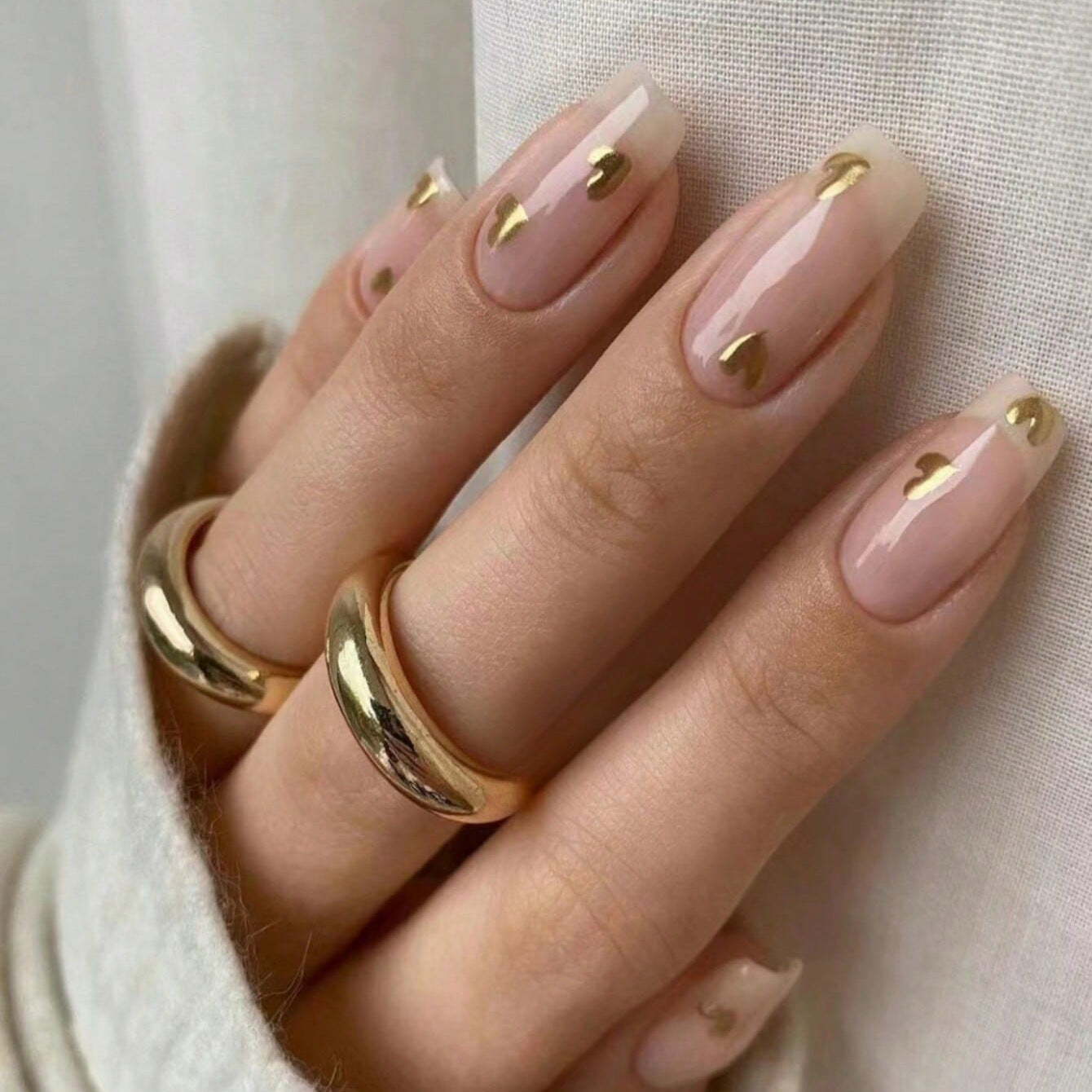 Chic Heartfelt Elegance Long Square Beige Press On Nail Set with Gold Accent Hearts