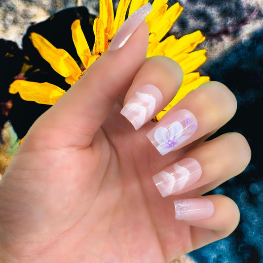 Floral Elegance Long Square Pink Press On Nail Set with Elegant White Designs and Glitter Tips