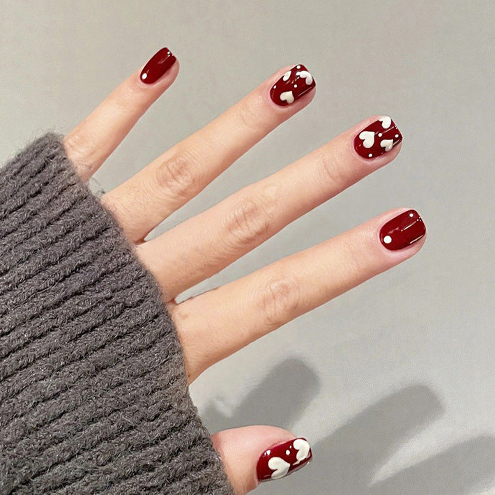 Romantic Heartbeat Short Square Burgundy Press On Nail Set with Cute Heart Accents