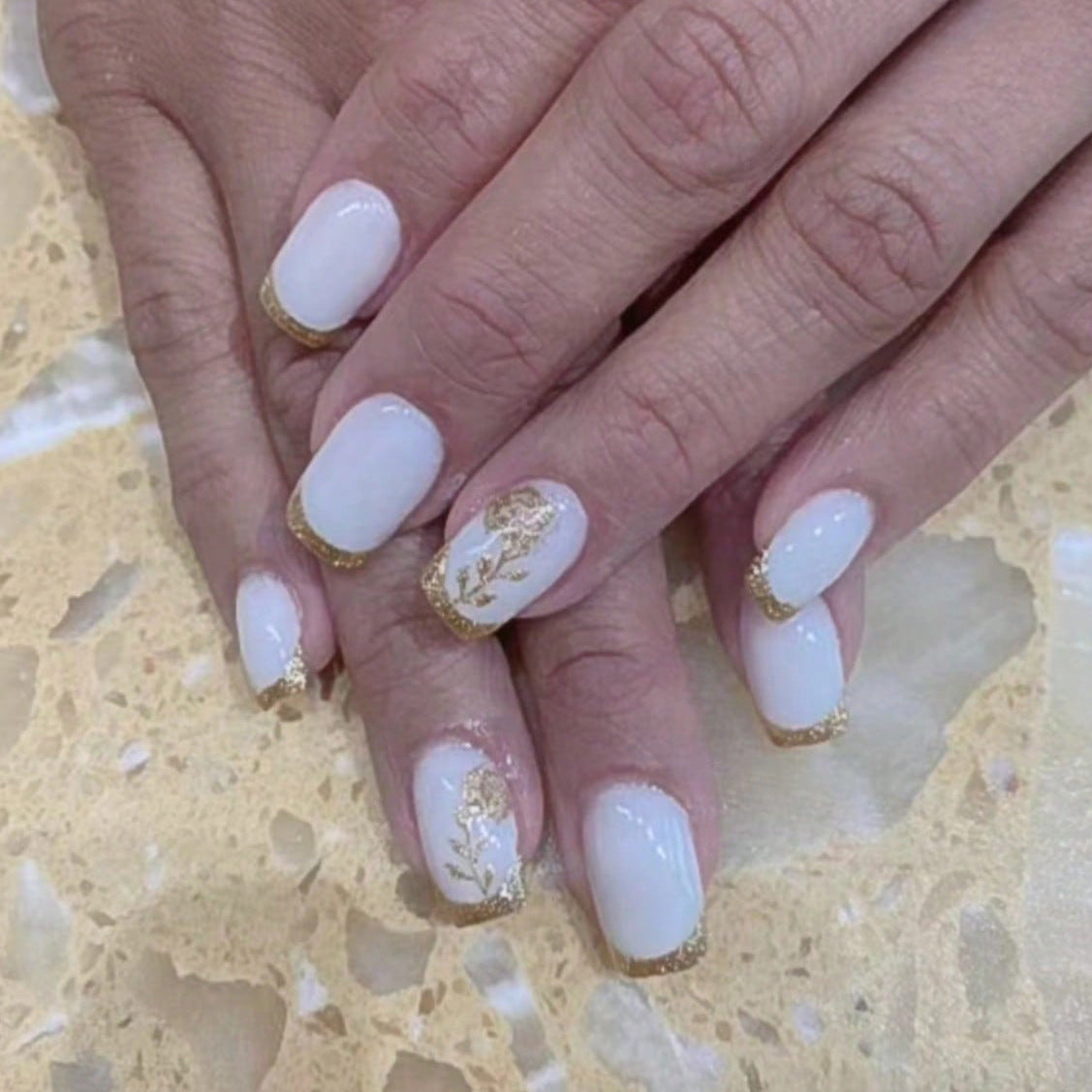 Elegant Floral Bliss Press On Nail Set Medium Square White with Gold Foil Accents