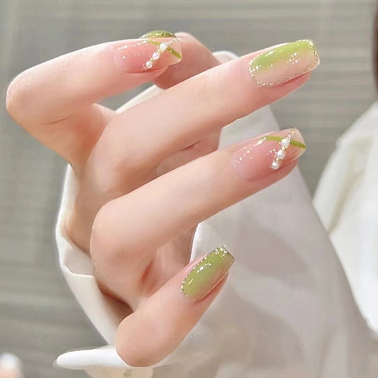 Garden Glamour Medium Square Green Ombre Press On Nail Set with Pearlescent Accent Pearls