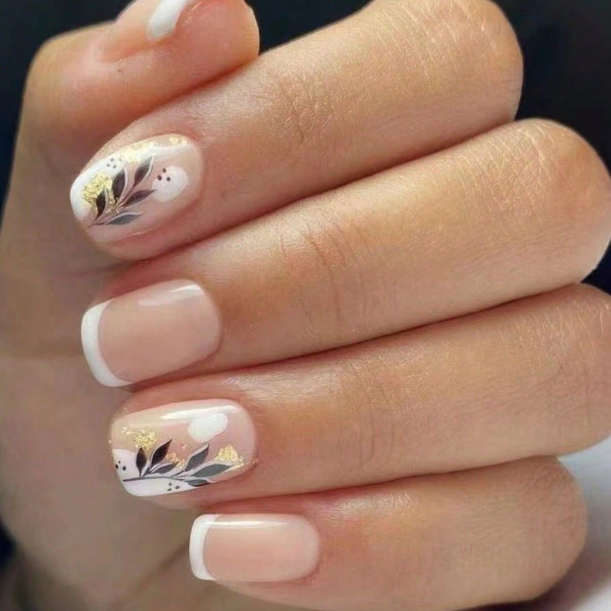 Botanical Elegance Short Square Clear Floral Press On Nail Set with Glossy Finish and Gold Accents