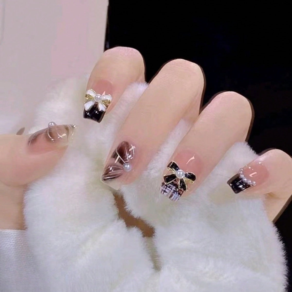 Chic Elegance Long Coffin Brown with Pearl and Bow Accents Press On Nail Set