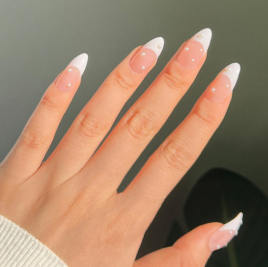 Elegant Crystal Dream Extra Long Almond Shaped Press On Nails in Soft Pink with Pearls