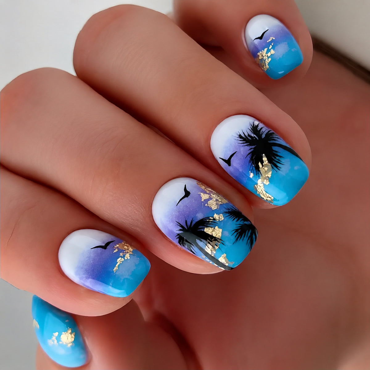 Tropical Sunset Short Square Blue with Gold Leaf Press on Nail Set