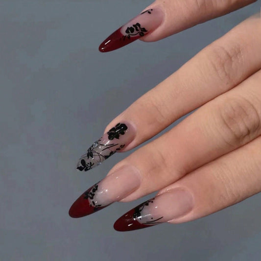 Elegant Floral Fantasy Long Almond Press On Nail Set Burgundy and Clear with Black Floral Design