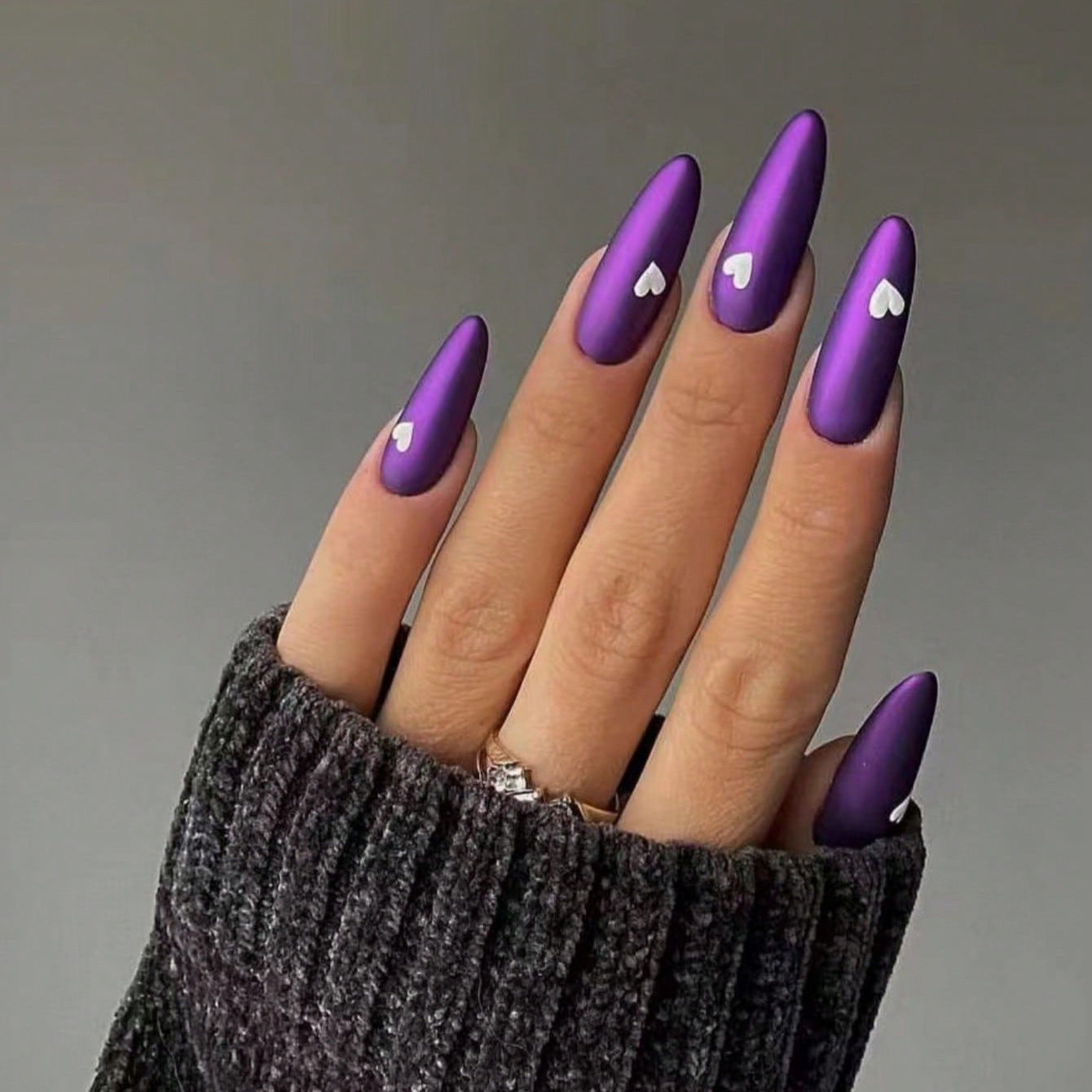 Chic Romance Long Almond Purple Press On Nail Set with Heart Accent Design