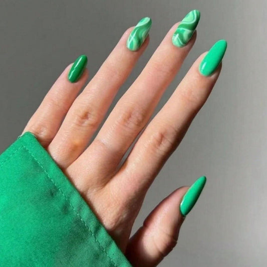 Emerald Oasis Long Almond Green Nail Set with Marble Accent Design