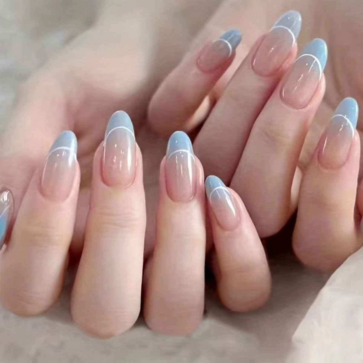 Dreamy Blue Ombre Long Almond Press On Nail Set with Elegant White Tips