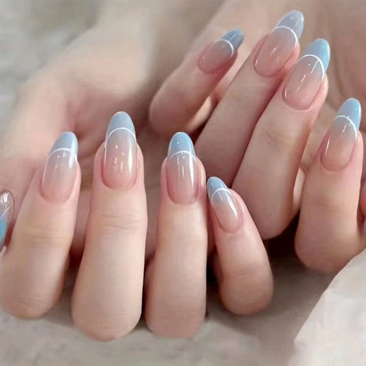 Dreamy Blue Ombre Long Almond Press On Nail Set with Elegant White Tips