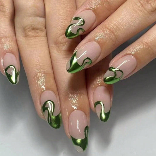 Emerald Enchantment Long Almond Green Swirl Press On Nail Set with Glossy Finish