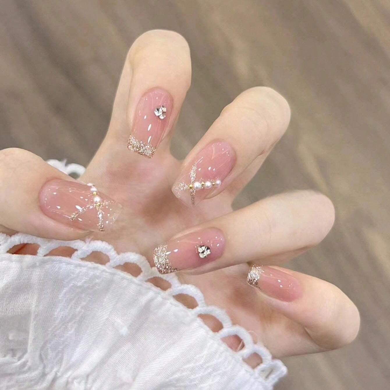 Elegant Garden Daydream Long Square Blush Pink Press On Nail Set with Pearl and Glitter Accents
