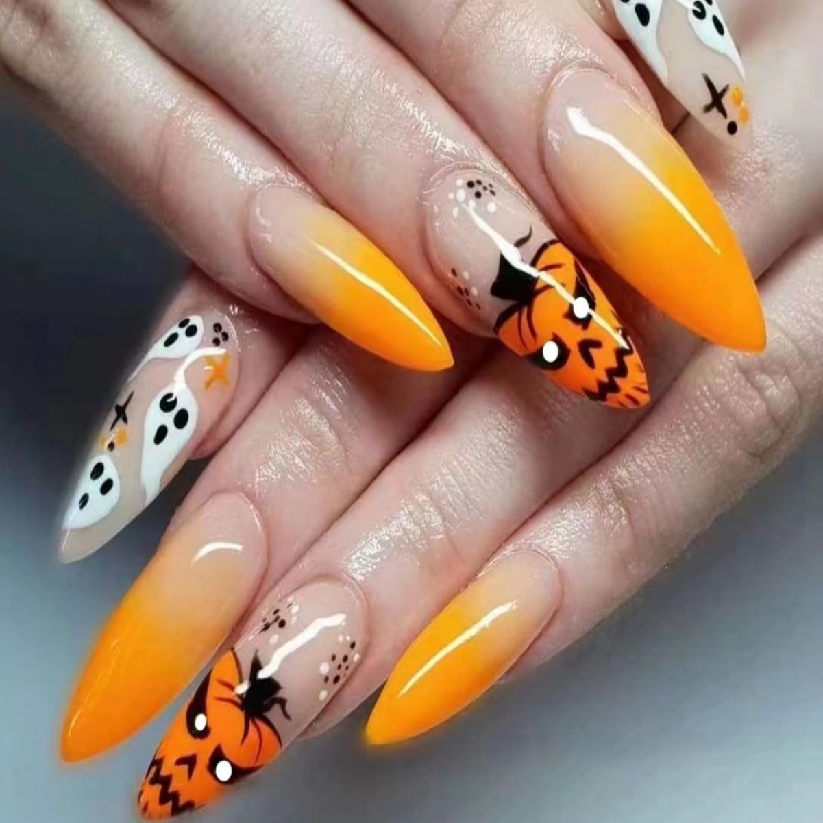 Spooky Halloween Press On Nails Long Almond Orange Ombre with Ghost and Pumpkin Designs