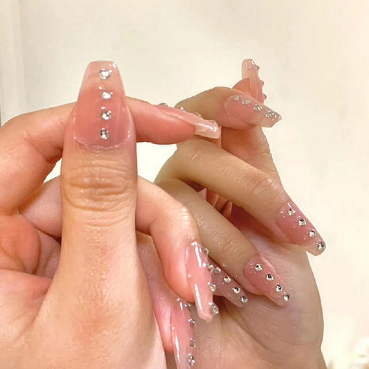 Glamorous Crystal Dreams Long Coffin Beige Press On Nail Set with Rhinestone Accents