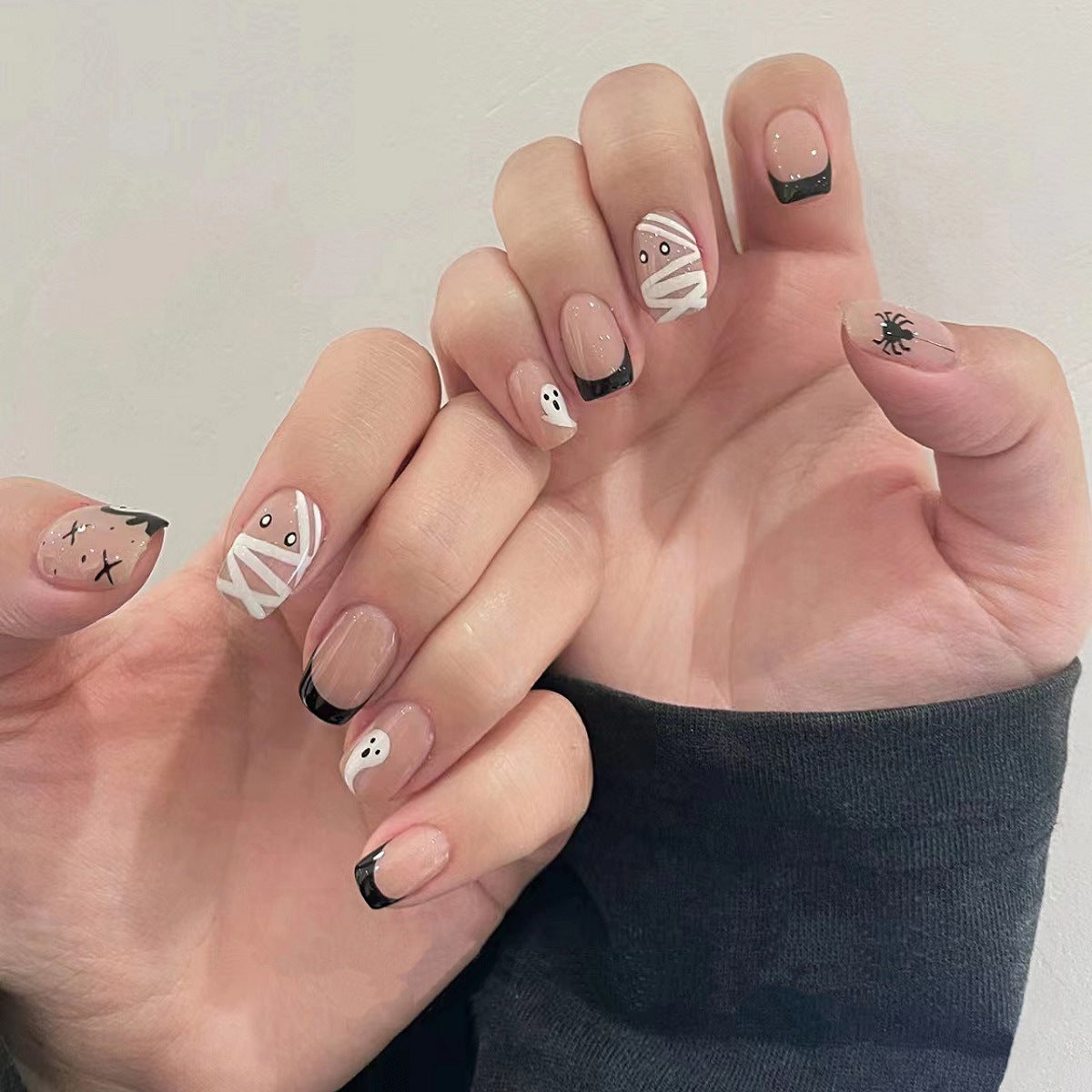 Spooky Mummy Vibe Medium Square Beige and Black Press On Nail Set with Fun Halloween Designs