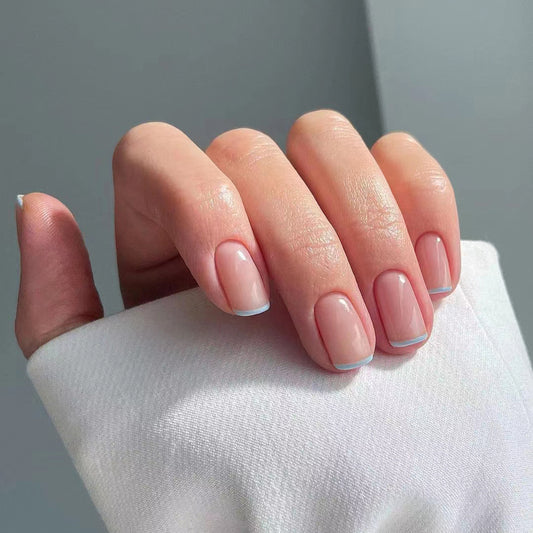 Elegant Serenity Short Square Beige Press On Nail Set with Stunning Blue Tips